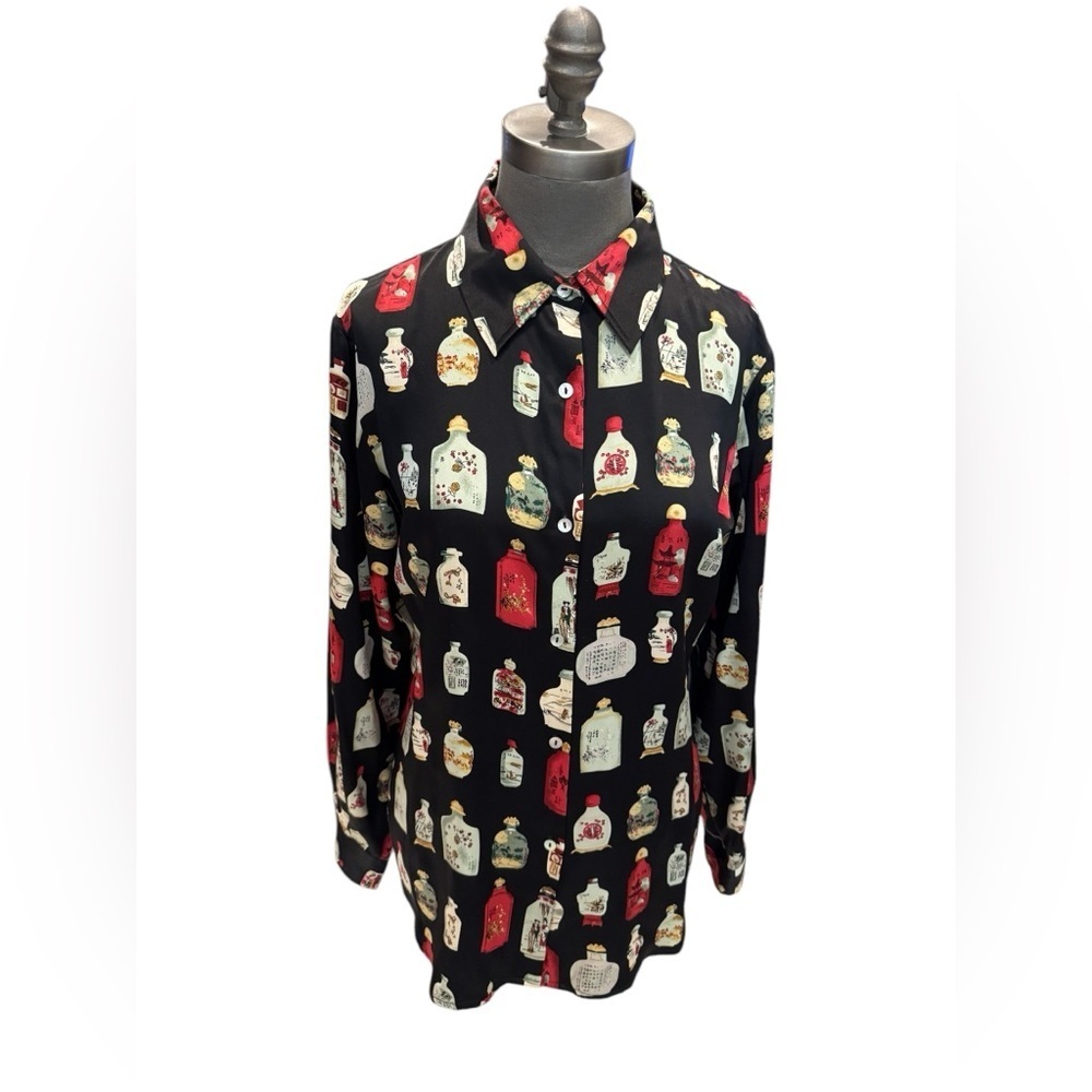 Kasper Silk Button Up Top Asian Perfume Print Y2K M